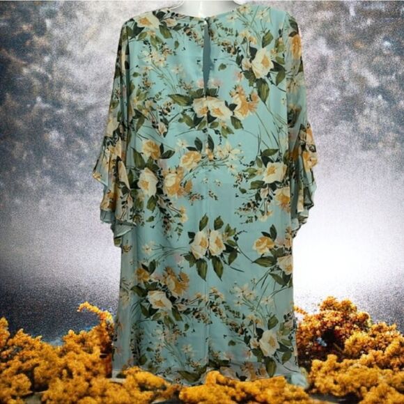 Calvin Klein Women's Mint Floral Ruffled Bell-Sleeve Chiffon Shift Dress Work - Picture 6 of 10